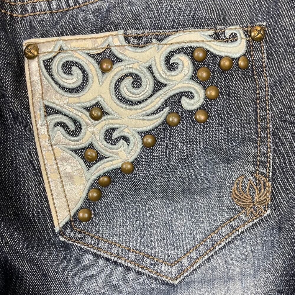 Adiktd Embellished Pockets Flare Leg Mid Rise Studded Country Dark Wash Jeans - Picture 7 of 8